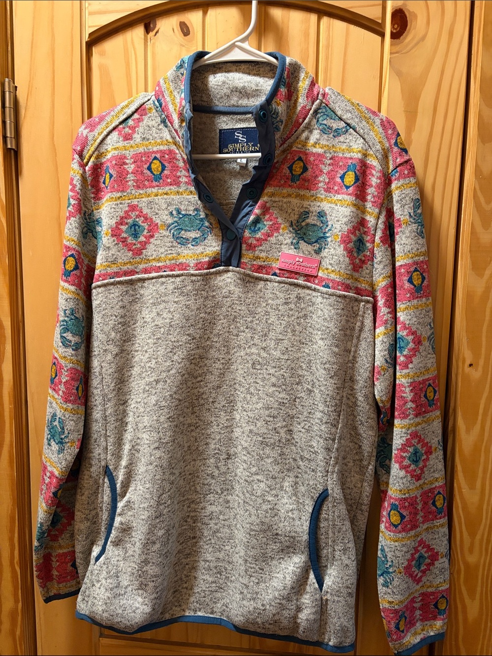 Sperry Heather Gray Pullover with Pink and Teal Patterned Yoke